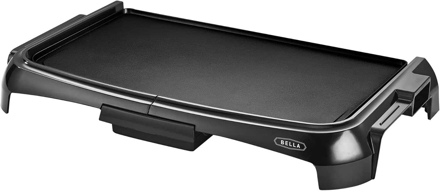 BELLA Electric Griddle with Crumb Tray – Smokeless Indoor Grill, Nonstick Surface, Adjustable Temperature Control Dial & Cool-touch Handles, 10″ x 16″, Black