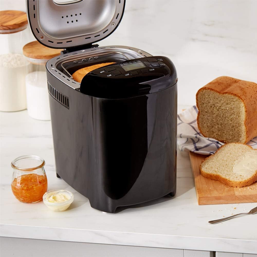 Amazon Basics Programmable Bread Maker, 2 Pound Non-Stick Automatic Bread Making Machine, With 14 Settings for Breads, Doughs, Gluten-Free Options and More, LCD Display, Black