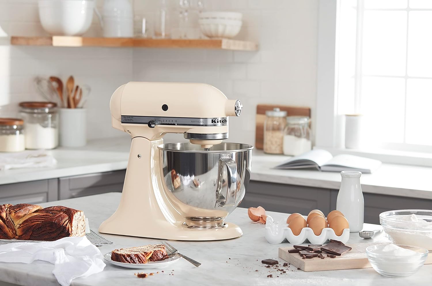 Kitchen Aid Artisan Series 5 Quart Tilt Head Stand Mixer with Pouring Shield KSM150PS, Almond Cream