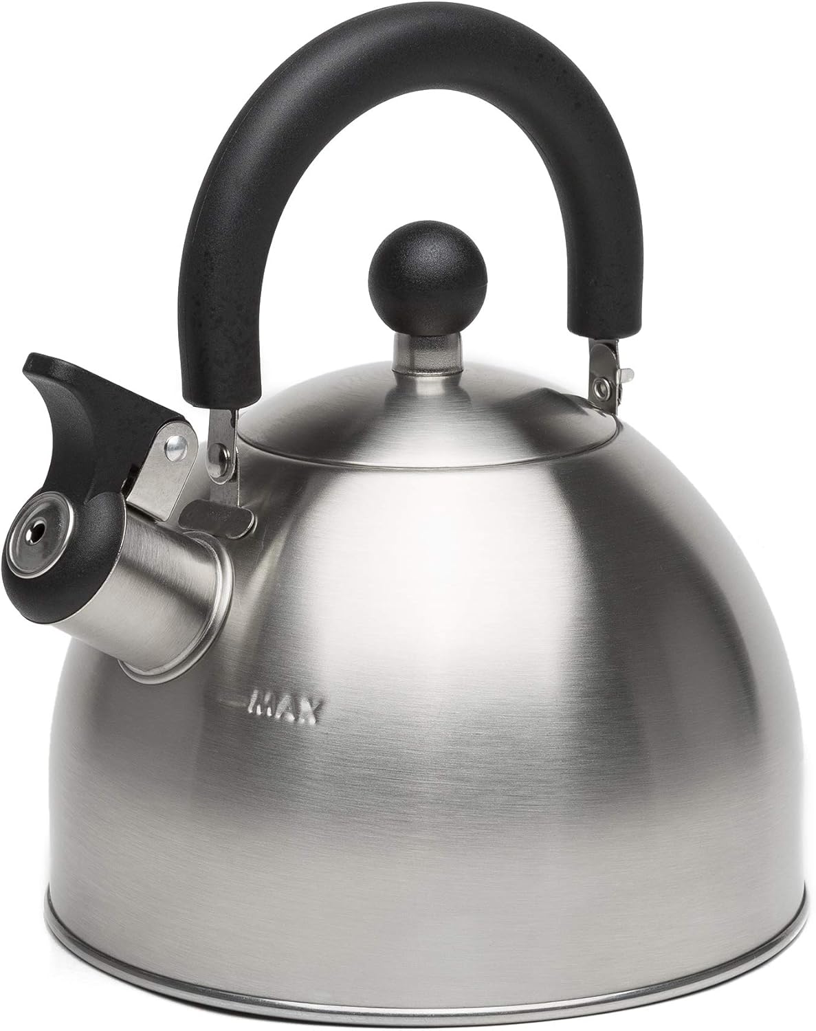 Primula Stewart Whistling Stovetop Tea Kettle Food Grade Stainless Steel, Hot Water Fast to Boil, Cool Touch Folding, 1.5-Quart, Brushed with Black Handle 