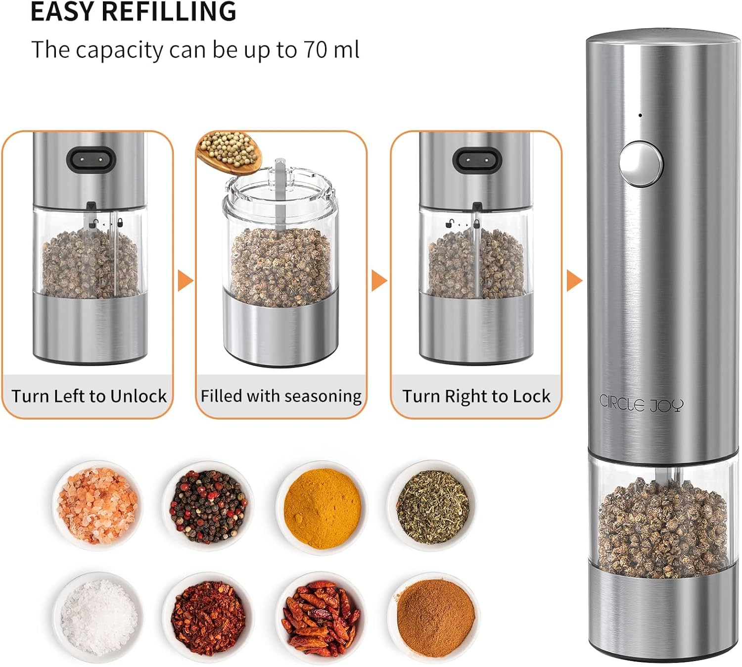 CIRCLE JOY Electric Salt and Pepper Grinder Set Stainless Steel Spice Grinder Automatic Pepper Mills with Easy-to-Carry Dual Charging Station, White Led Light, and Adjustable Coarseness, Silver