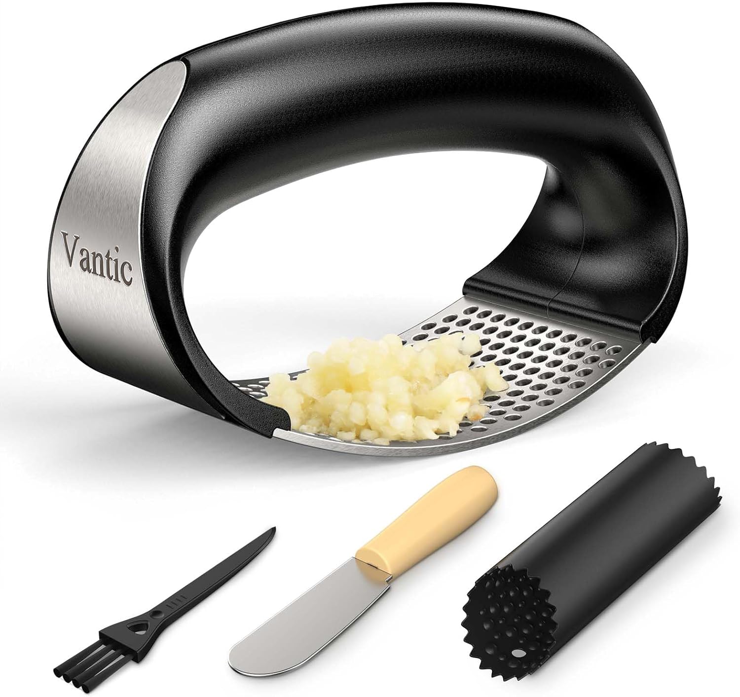 Vantic Garlic Press Rocker - Stainless Steel Garlic Mincer Garlic Crusher, New Innovative Garlic Chopper with Peeler and Scraper for Smash Garlic