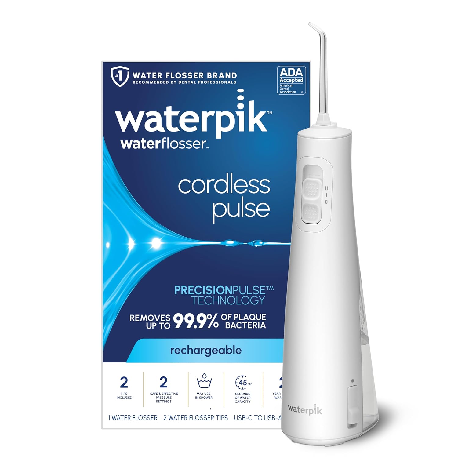 Waterpik Cordless Pulse Rechargeable Portable Water Flosser for Teeth, Gums, Braces Care and Travel with 2 Flossing Tips, Waterproof, ADA Accepted, WF-20 White, Packaging May Vary 