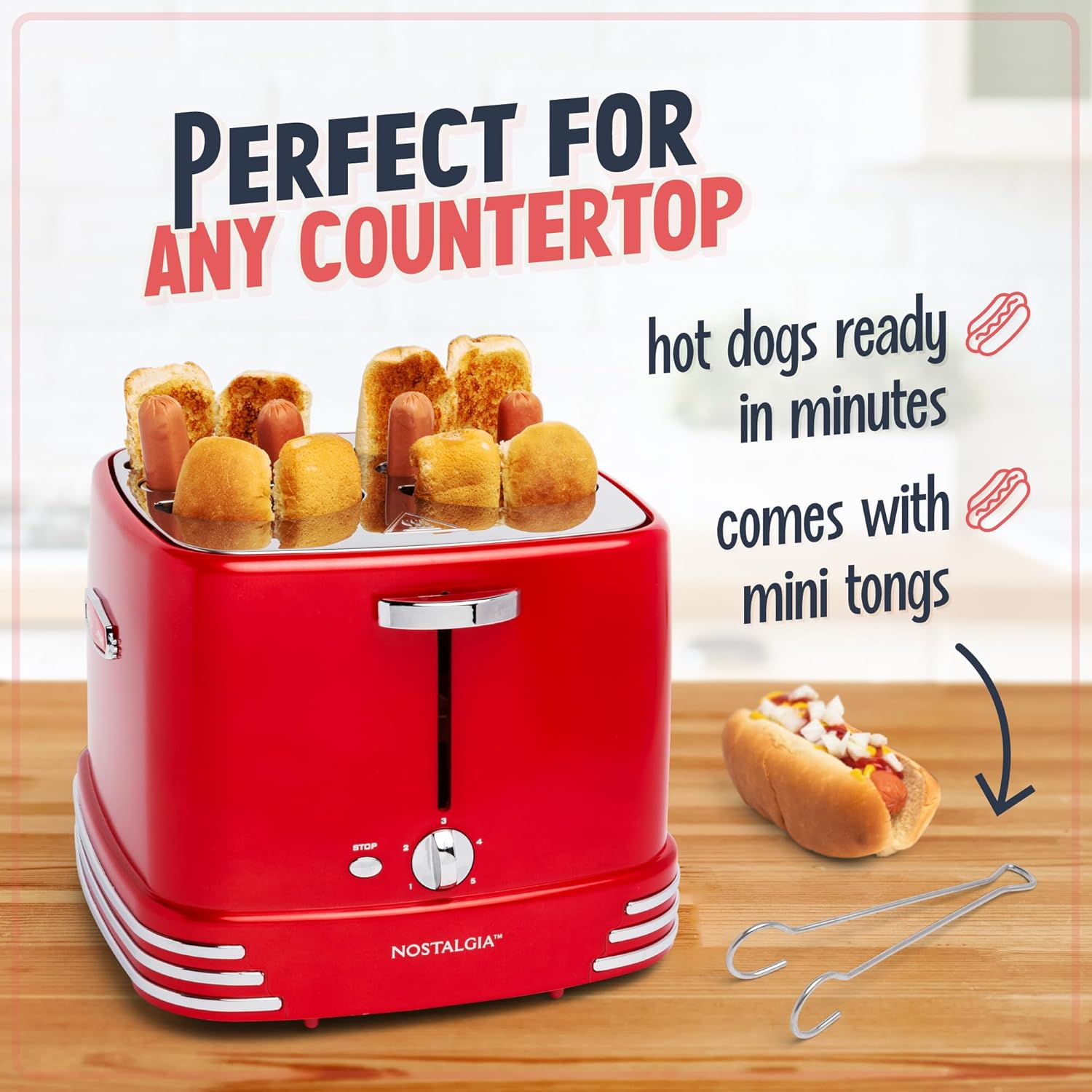 Nostalgia 4 Slot Hot Dog and Bun Toaster with Mini Tongs, Hot Dog Toaster Works with Chicken, Turkey, Veggie Links, Sausages and Brats, Metallic Red 