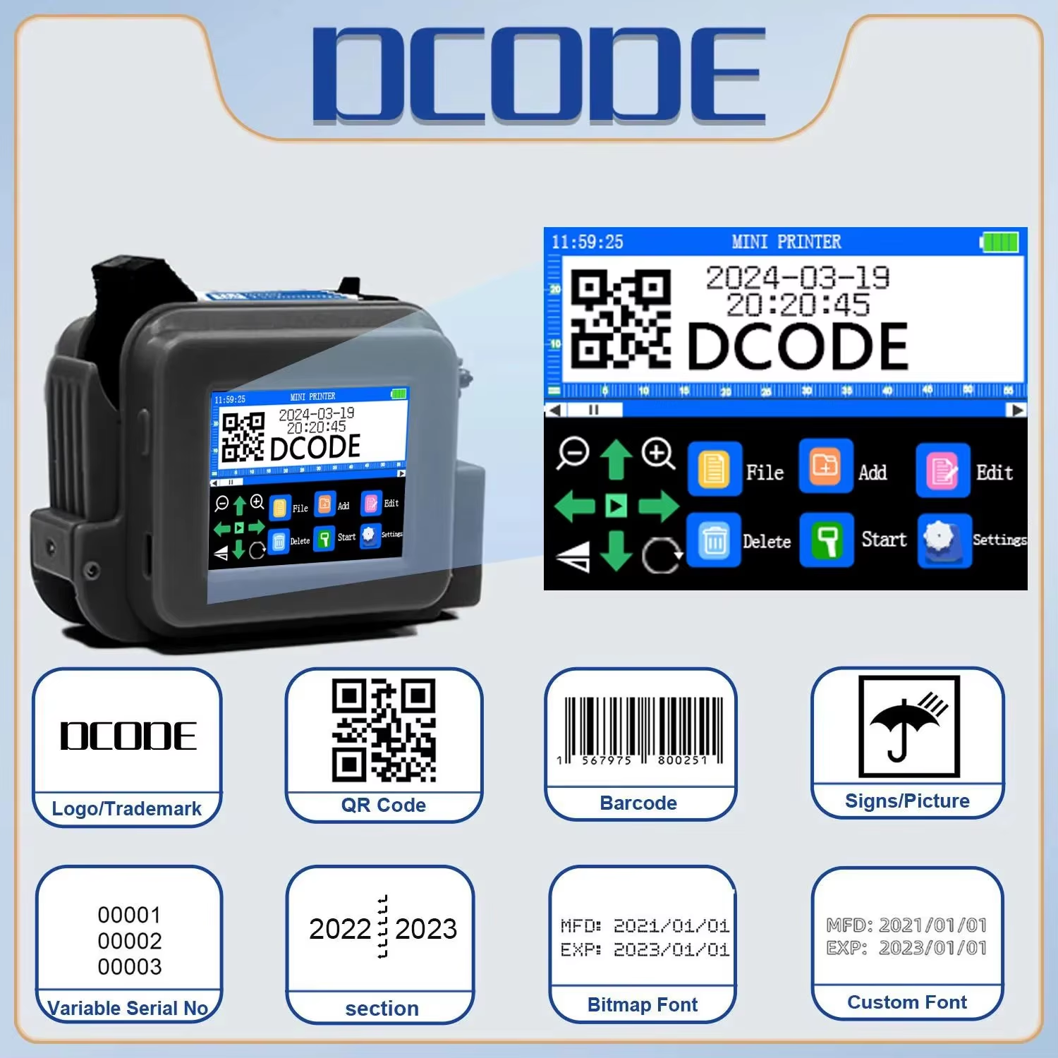 DCODE XMINI 12.7mm Portable Mini Printer Handheld Inkjet Printer Text QR Barcode Image Batch Number Logo Image Coding Machine