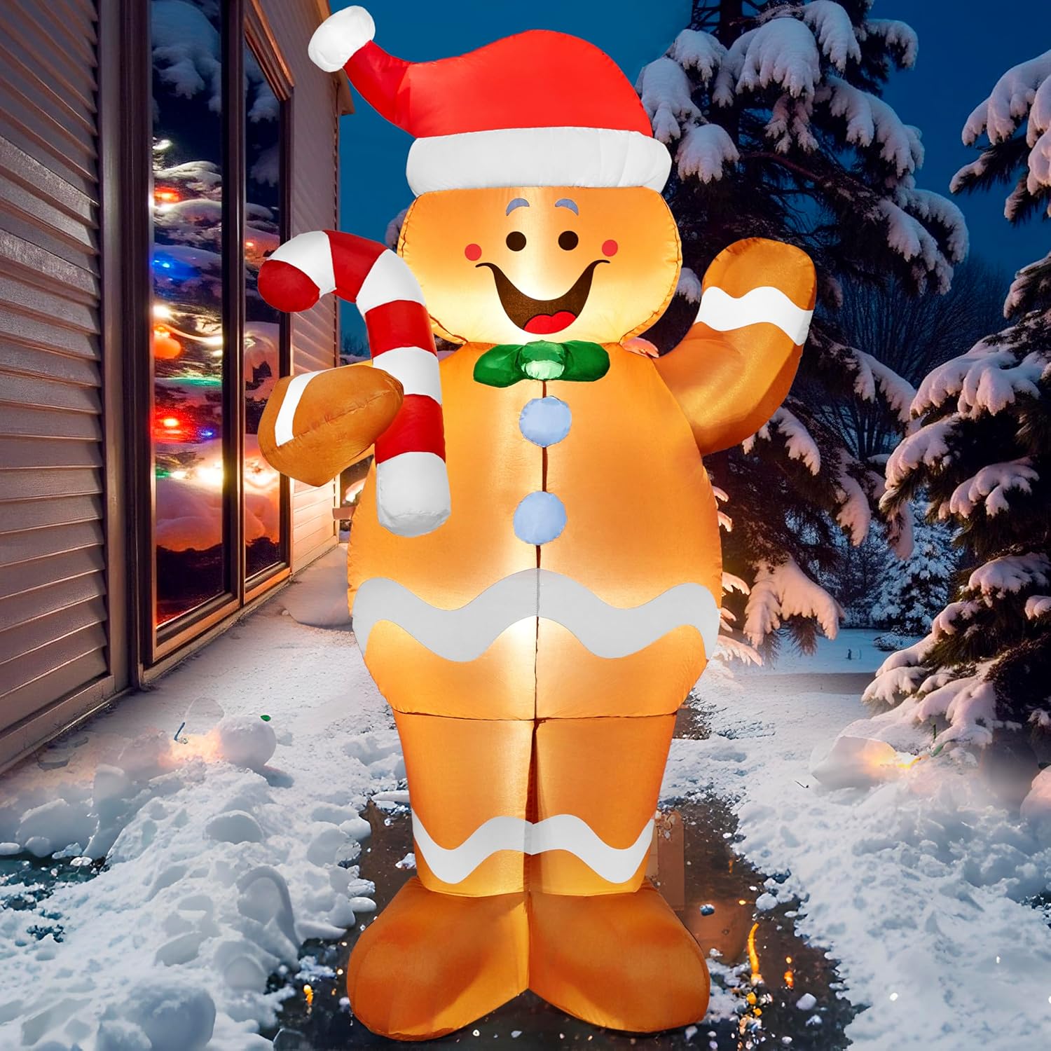 Joiedomi 5 FT Christmas Inflatable Outdoor Decoration, Christmas Blow Ups Gingerbread Man Inflatable with Candy Canes, Christmas Outdoor Inflatables Gingerbread with LEDs for Outdoor Christmas Decor