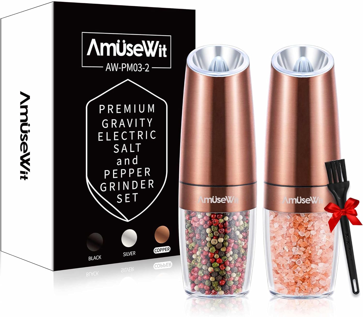 AmuseWit Gravity Electric Salt and Pepper Grinder Set [White Light] Battery Operated Automatic Pepper and Salt Mills with Light,Adjustable Coarseness,One Handed Operation,Copper