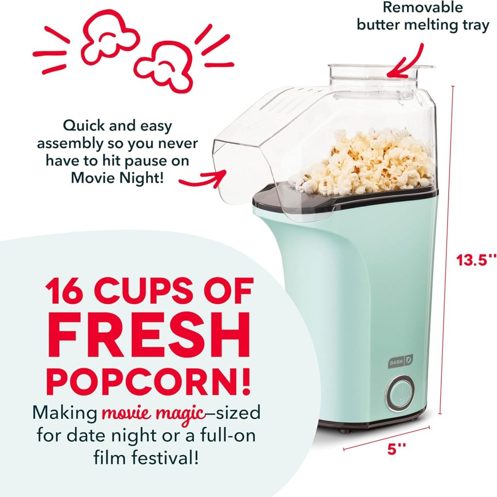 DASH Hot Air Popcorn Popper Maker with Measuring Cup to Portion Popping Corn Kernels + Melt Butter, 16 Cups - Aqua 