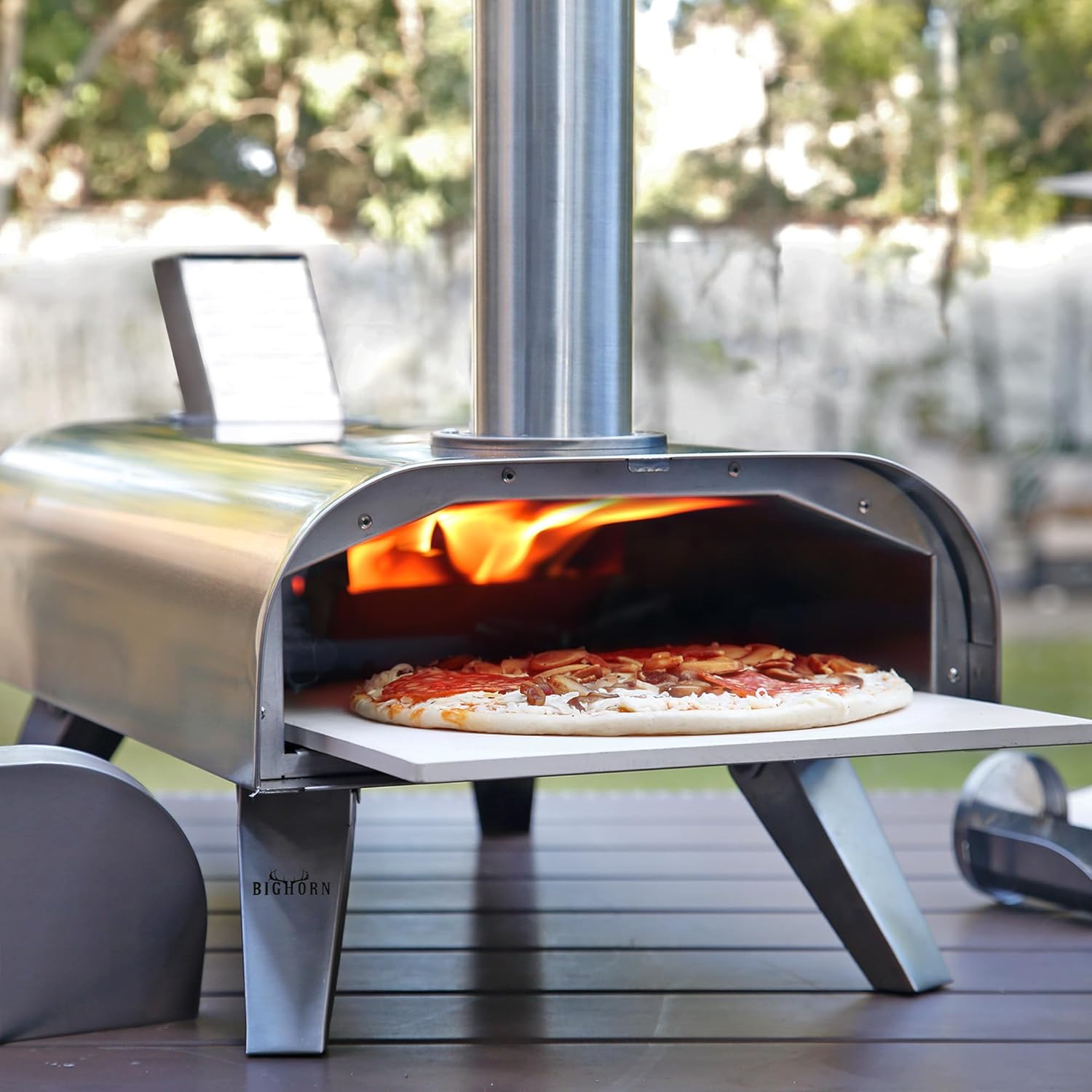 BIG HORN OUTDOORS Pizza Ovens Wood Pellet 12” Pizza Oven Cooking Pizza Maker Portable Stainless Steel Pizza Grill, Silver Portable Party use