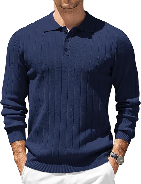 COOFANDY Mens Knit Polo Sweater Long Sleeve Polos Lightweight Casual Dress Pullover Sweaters