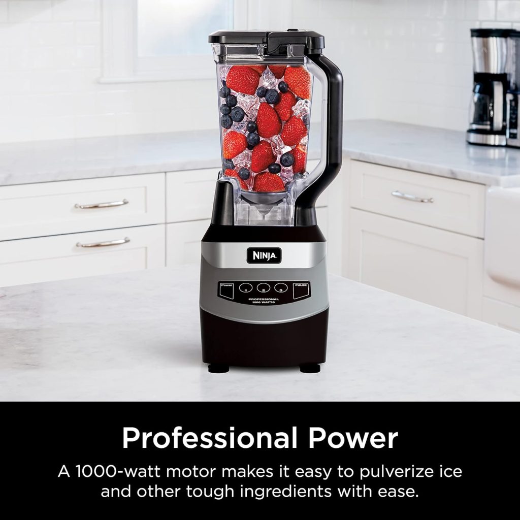 Ninja Blender, For-Smoothies, Salsa, Shakes, Slush, and-Frozen Drinks, Blender, Pitcher, and-Lid, Blender for-Kitchen, Crushes Ice, Fruit, and-Veggies, 1000-Watt, Dishwasher Safe, Black, NJ601AMZ​ 