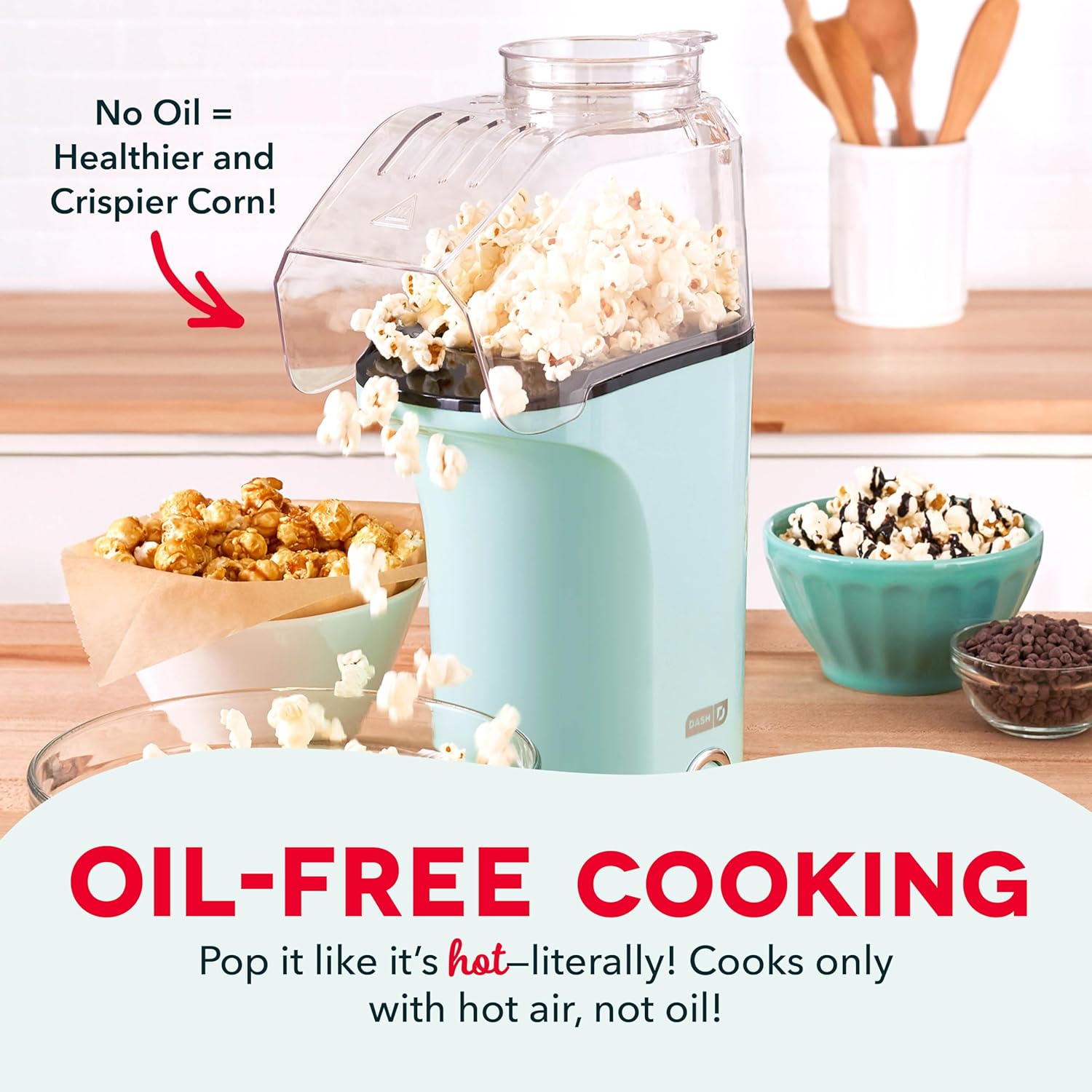 DASH Hot Air Popcorn Popper Maker with Measuring Cup to Portion Popping Corn Kernels + Melt Butter, 16 Cups – Aqua