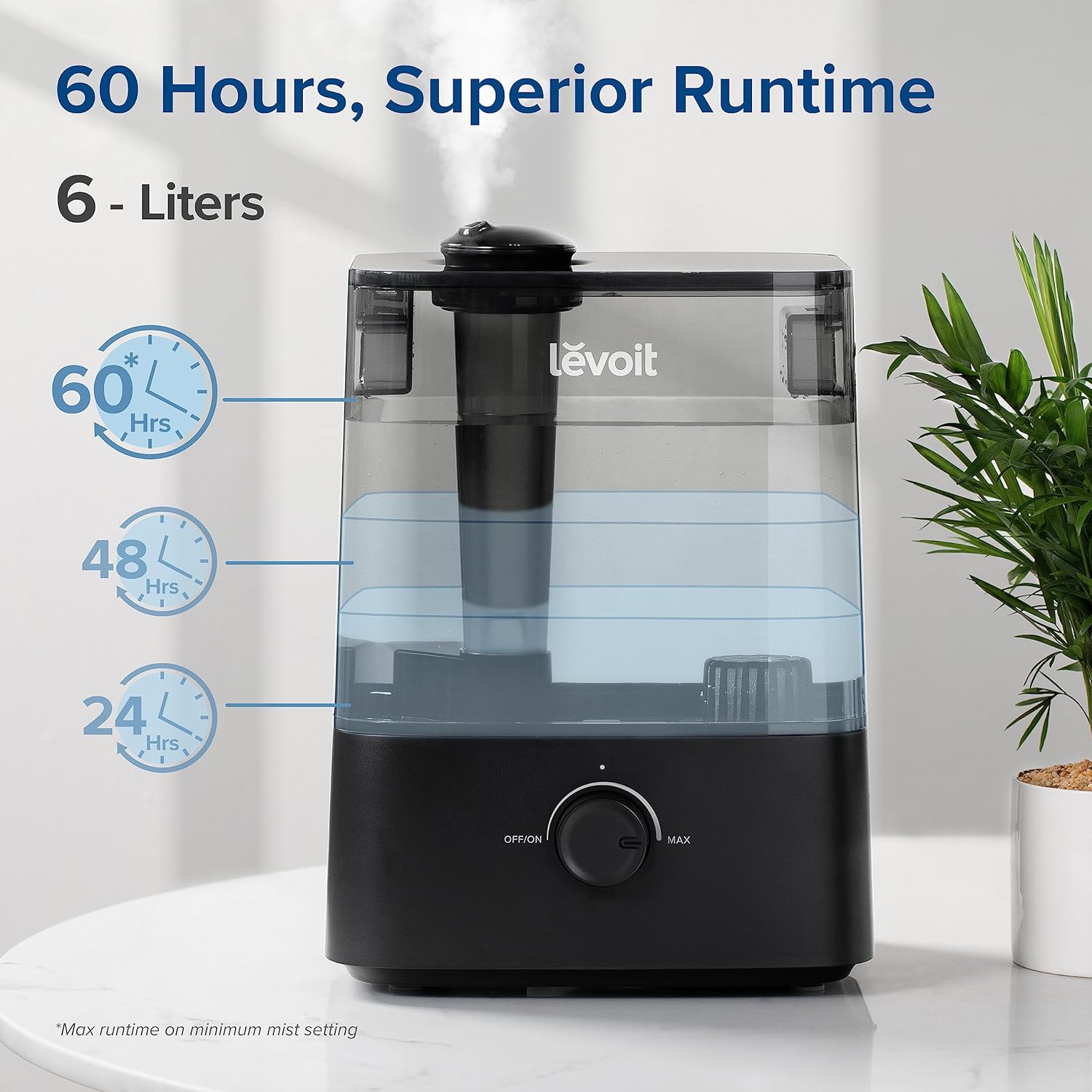 LEVOIT 6L Extra Large Humidifier for Bedroom Large Room Home, Cool Mist Last 60-Hour, Top Fill, Super Easy to Use and Clean, 360 Rotation Nozzle, Knob Control, Auto Shut Off, Quiet 