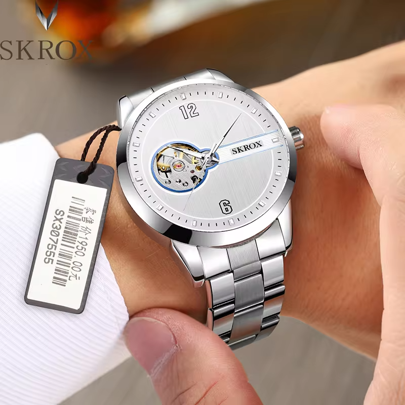 SKROX Original Top Brand Luxury Stainless Steel Skeleton Automatic Movement Male Watch for Men Mechanical Elegant Wrist Watches