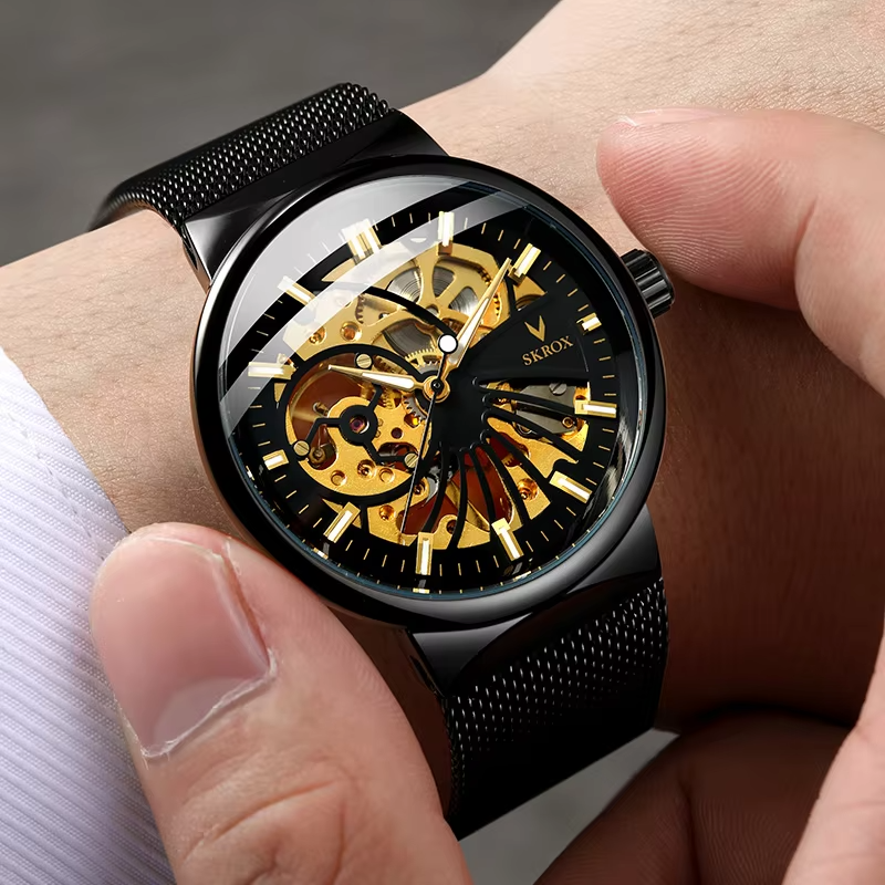 SKROX Vintage Elegant Man Watches Top Brand Luxury Transparent Skeleton Thin Luminous Manual Mechanical Male Wristwatch Clock